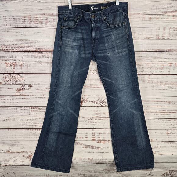 7 For All Mankind Jeans Mens 33x30 Blue Bootcut Denim Distressed Western Cowboy - Picture 1 of 14